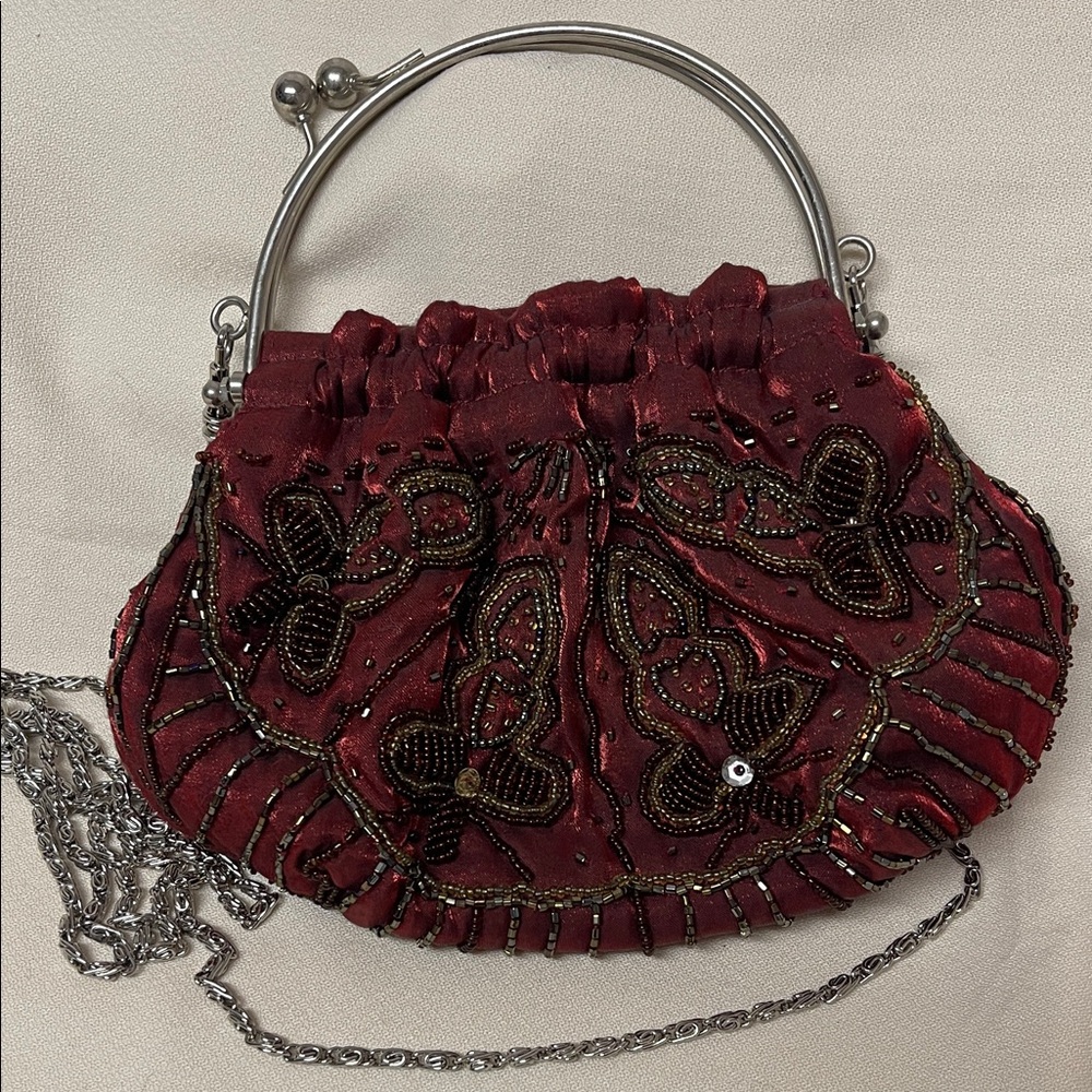 Vintage Bijoux Terner Red Beaded Clutch with Silver Accents